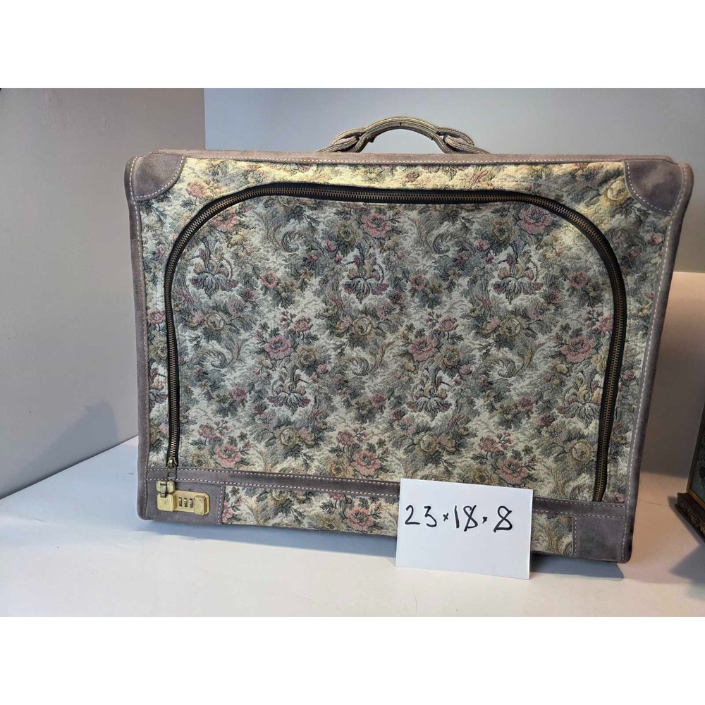 Vintage Suitcase French Luggage Co Gray Floral Rose Tapestry & Suede Leather 23"